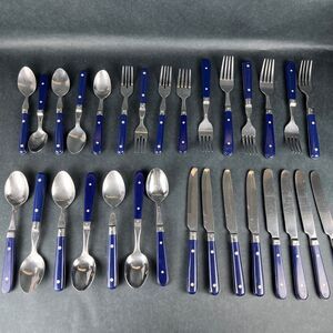 30pc VTG MCM Blue Riveted Handle Flatware Stainless Lifetime Thailand, Korea Mix